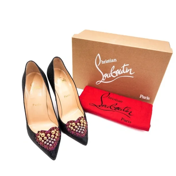 Christian Louboutin Coralta Mia 100 Glitter Tisse Heart Studded Pumps EU 37 - Picture 1 of 9